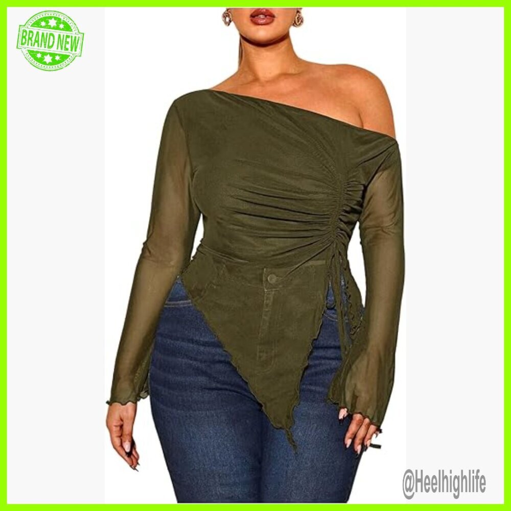 Plus Size Mesh Off Shoulder Long Sleeve Ruched T-Shirt Sheer Tee